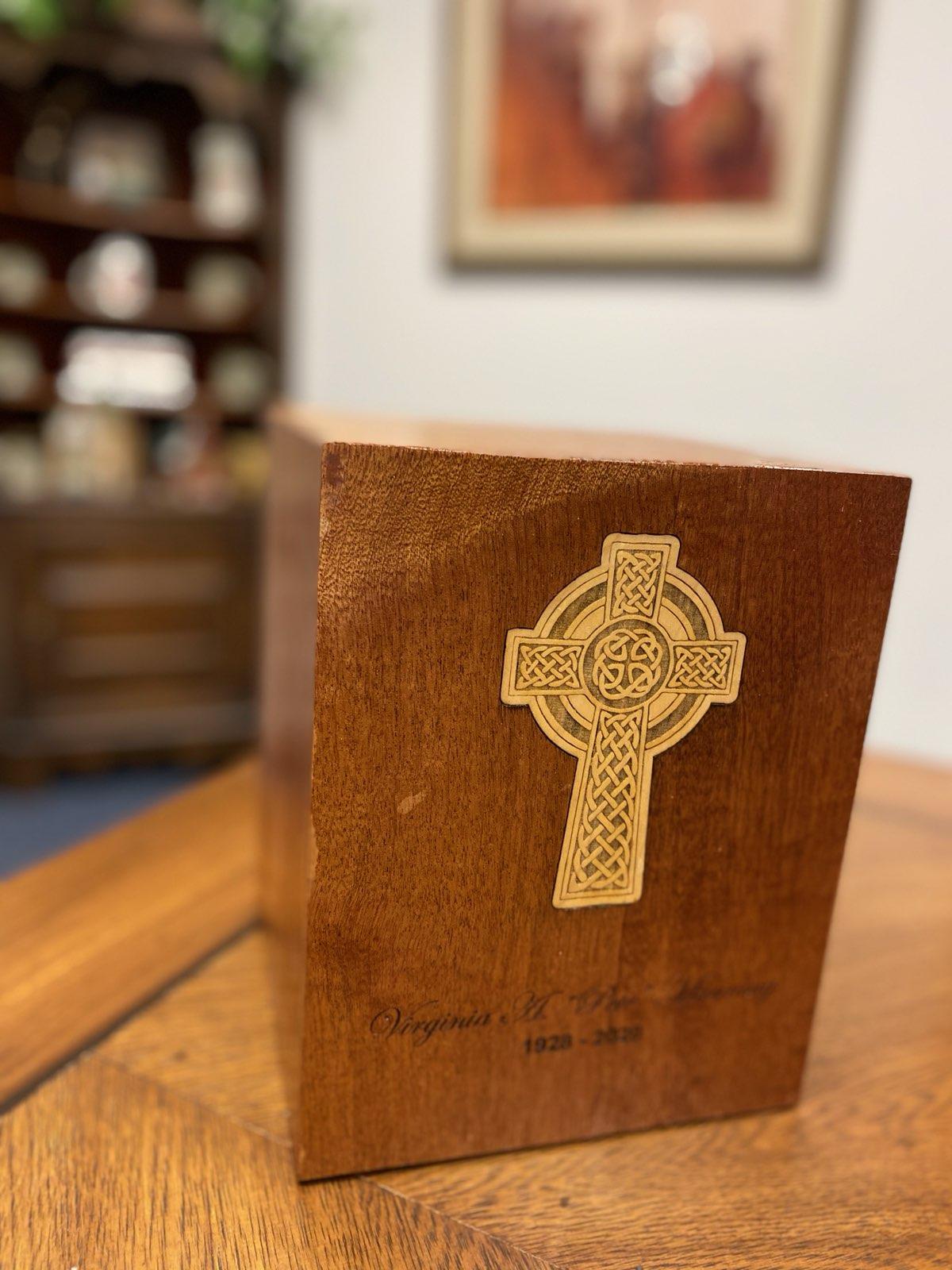 Personalized hardwood memorial urn with a Celtic cross